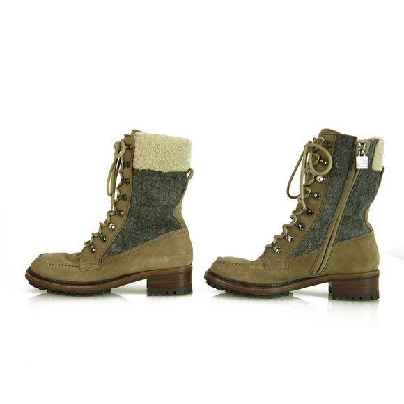 CHANEL  Khaki Suede & Grey wool Booties 38,5 FR - Picture 4 of 9